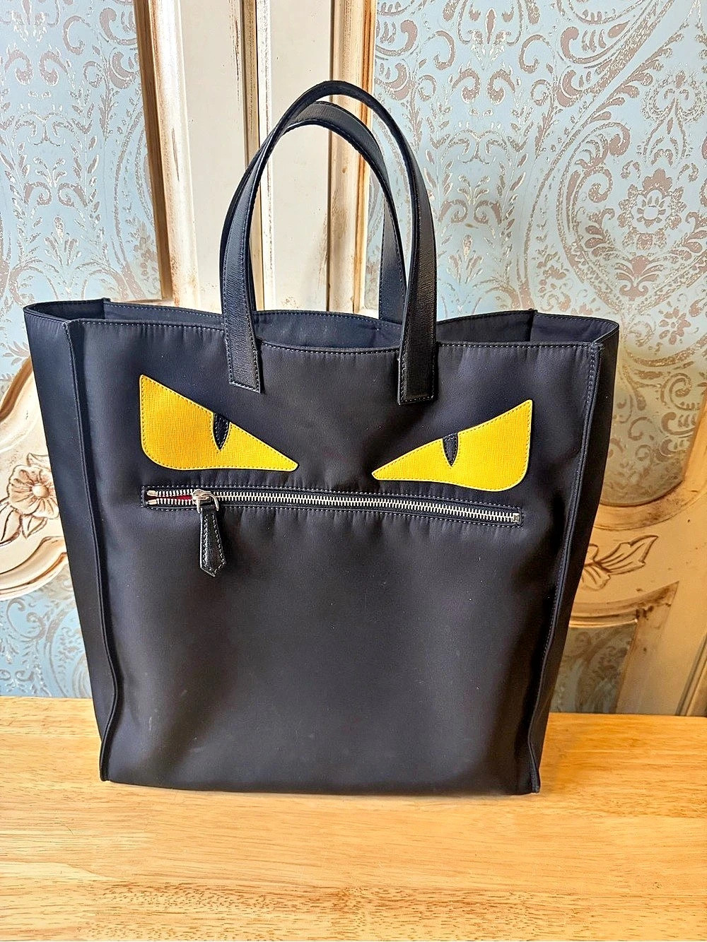 Fendi Bag Bugs Monster Eyes Nylon Tote Bag Black & Yellow